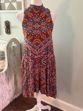 Sleeveless High-Neck Patterned Dress in Burgundy and Mustard Maeve Anthropologie